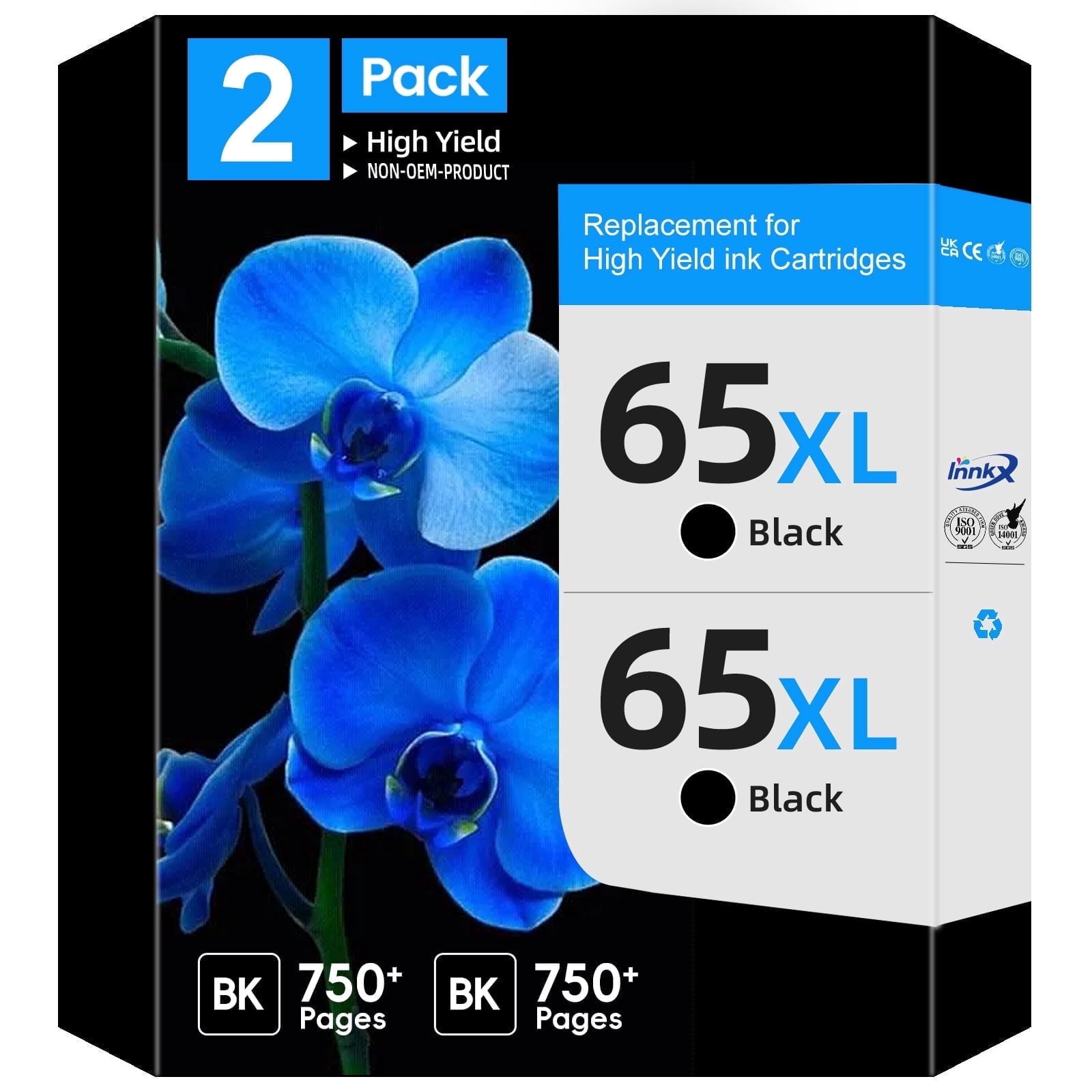 Kolor Expert Remanufactured 65XL Black Ink Cartridges, 2-Pack