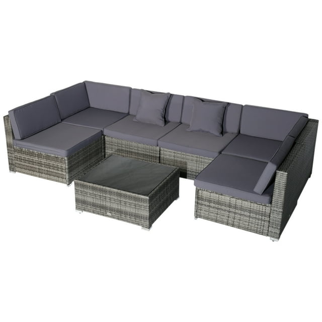 Outsunny 7 Piece Patio Furniture Set, PE Rattan Outdoor Conversation Set with Sectional Sofa, Glass Tabletop, Cushions and Pillows for Garden, Lawn, Deck, Grey and Dark Grey