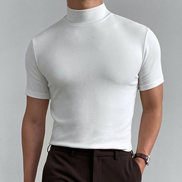 Gephdiin Chandail de Compression Homme T-Shirts pour Hommes Masculin Été T-Shirt Uni Blouse Col Montant Col Roulé Manches Courtes Hauts T-Shirt T-Shirts Graphiques Homme Chandail Polyester Blanc 3TG