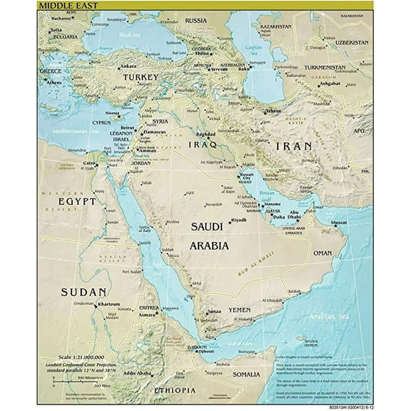 Iconic Arts Laminated 24x28 Poster: Large Scale Detailed Political map of The Middle East with Relief, Major Cities and Capitals