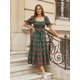 thumbnail image 3 of Vestido de mujer de otoño con estampado a cuadros, mangas abullonadas, escote cuadrado, corpiño ajustado y corte en A fluido., 3 of 7