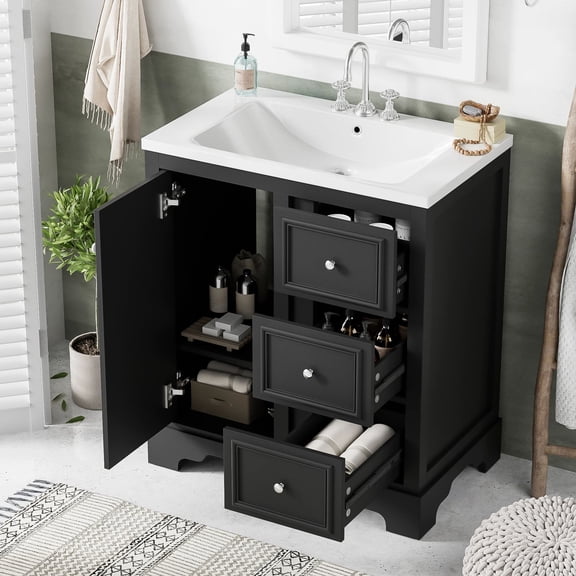 MODERNLUXE 30" Bathroom Vanity with Ceramic Sink Combo, Undermount Vanity Sink Cabinet with Soft-Close Door,Adjustable Shelves & 3 Drawers, Freestanding Bathroom Storage Cabinet,Black