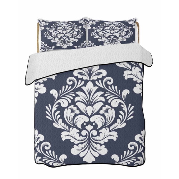 Quilts Queen Size Bedding Set, Navy Blue Boho Lightweight Quilted Comforter, Vintage Classic Bohemia Flower Textured Soft Reversible Bedspread Coverlet with Pillow Covers for All Season, 90" x 96"