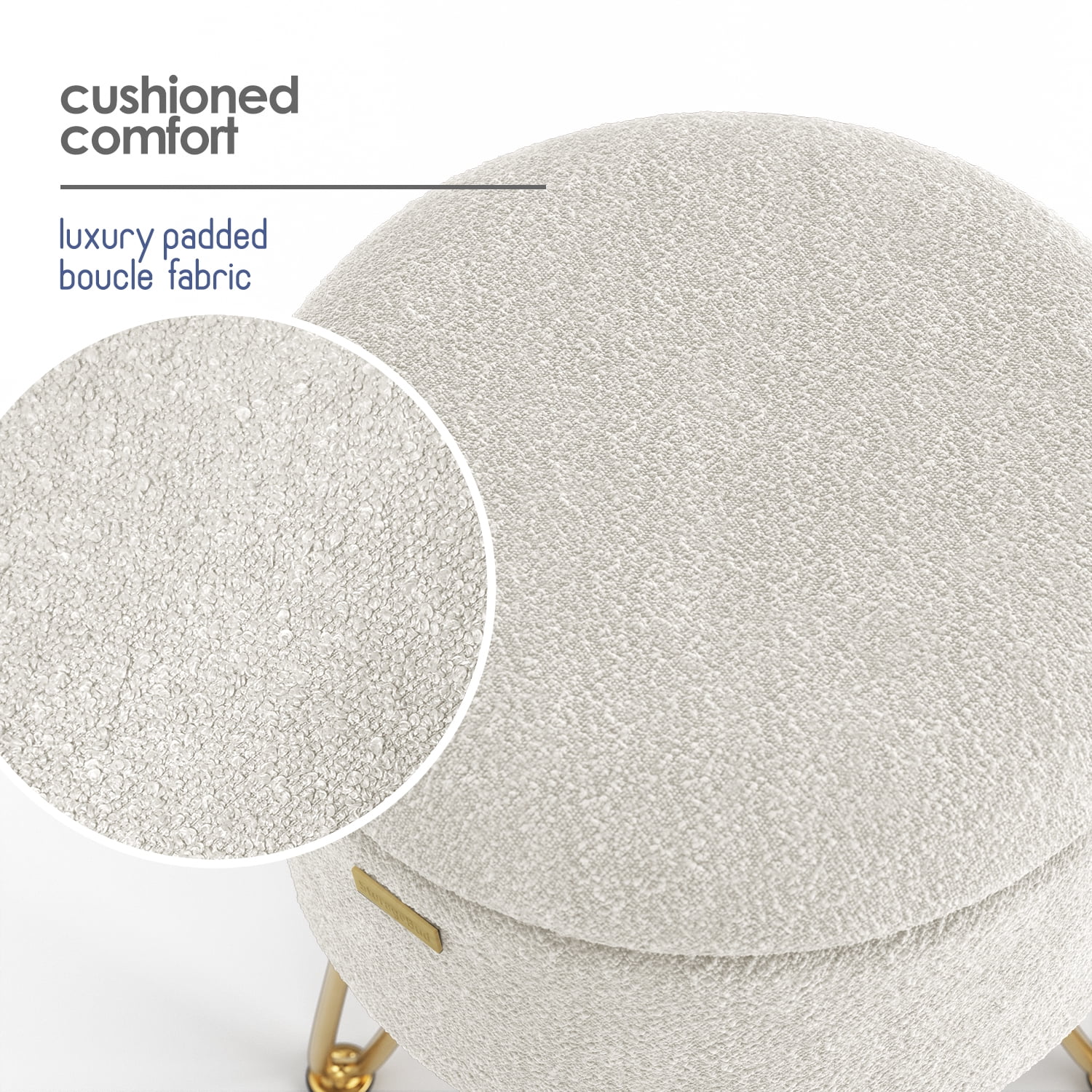 LammaLoe Small Round Ottoman with Storage, Boucle Ottoman Foot Stool with Lid, Upholstered Vanity Stool for Living Room & Bedroom, White