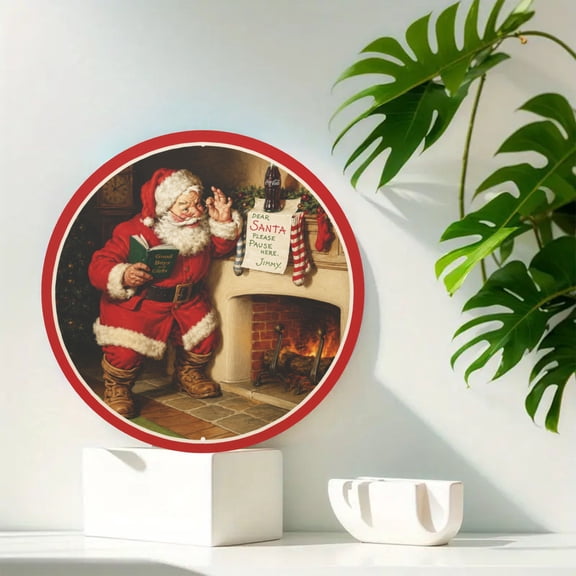 Santa Claus Vintage Christmas Round Metal Tin Sign For Holiday Home Decorating 8x8 Inch Round