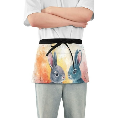 

Easter Eggs Bunnies Leaves Waist Apron Adjustable Server Half Apron Kitchen Cooking with 3 Pockets for Men Women