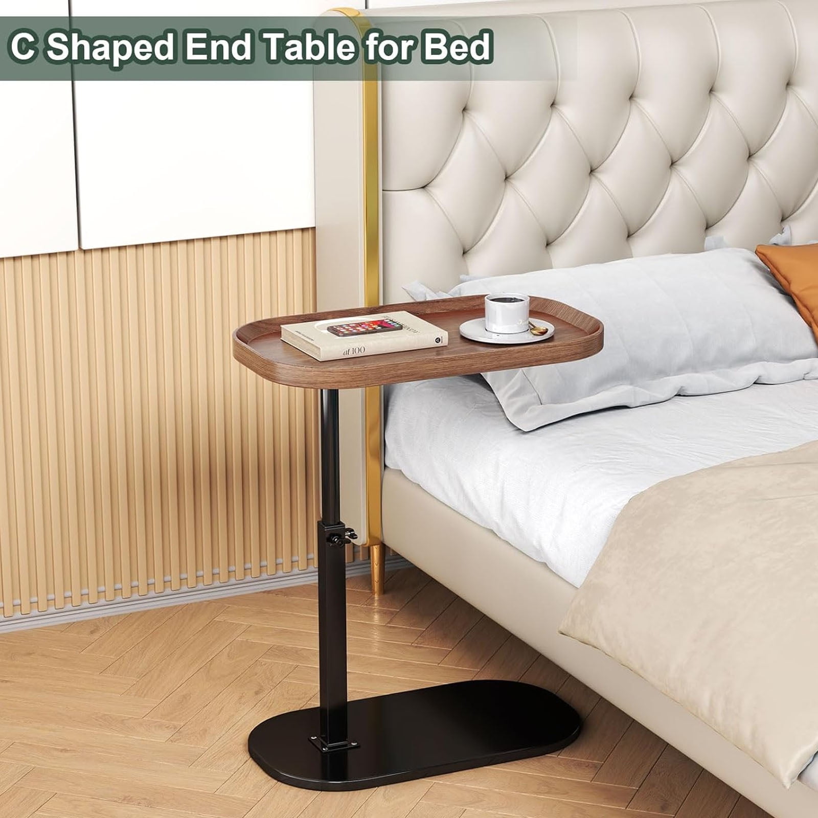 Yabanana C Shaped Side Table End Table, 360° Swivel and Adjustable Height Side Table Sofa Table for Couch(Walnut)