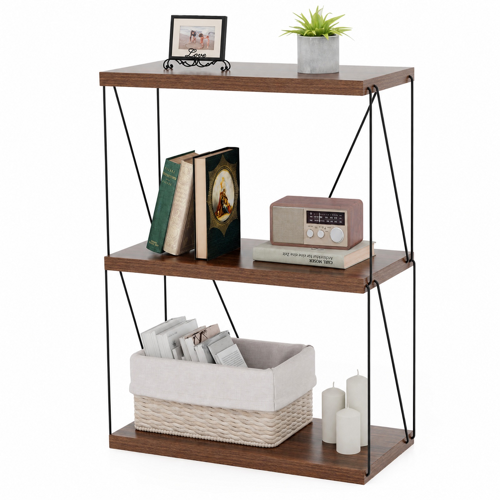 Furnibear 3-Tier Multipurpose Display Rack with Metal Frame for Living Room Home Office Bedroom Display Storage Shelf, Walnut