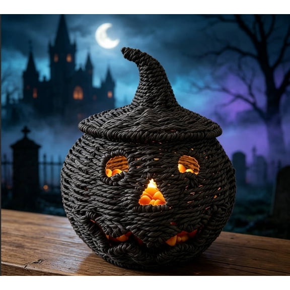 Rustic Woven Rattan Pumpkin Jack O Lantern Lamp, Black Wicker Halloween Table Decor with Witch Hat Top, Farmhouse Fall Harvest Mantel Centerpiece for Home