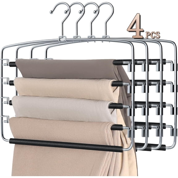 Pants Hangers Space Saving - 4Pack, 5 Layers Space Saving Hangers, Sturdy Stainless Steel Pant Rack with Anti-Slip Swing Arm, Closet Organizers and Storage for Trousers Jeans