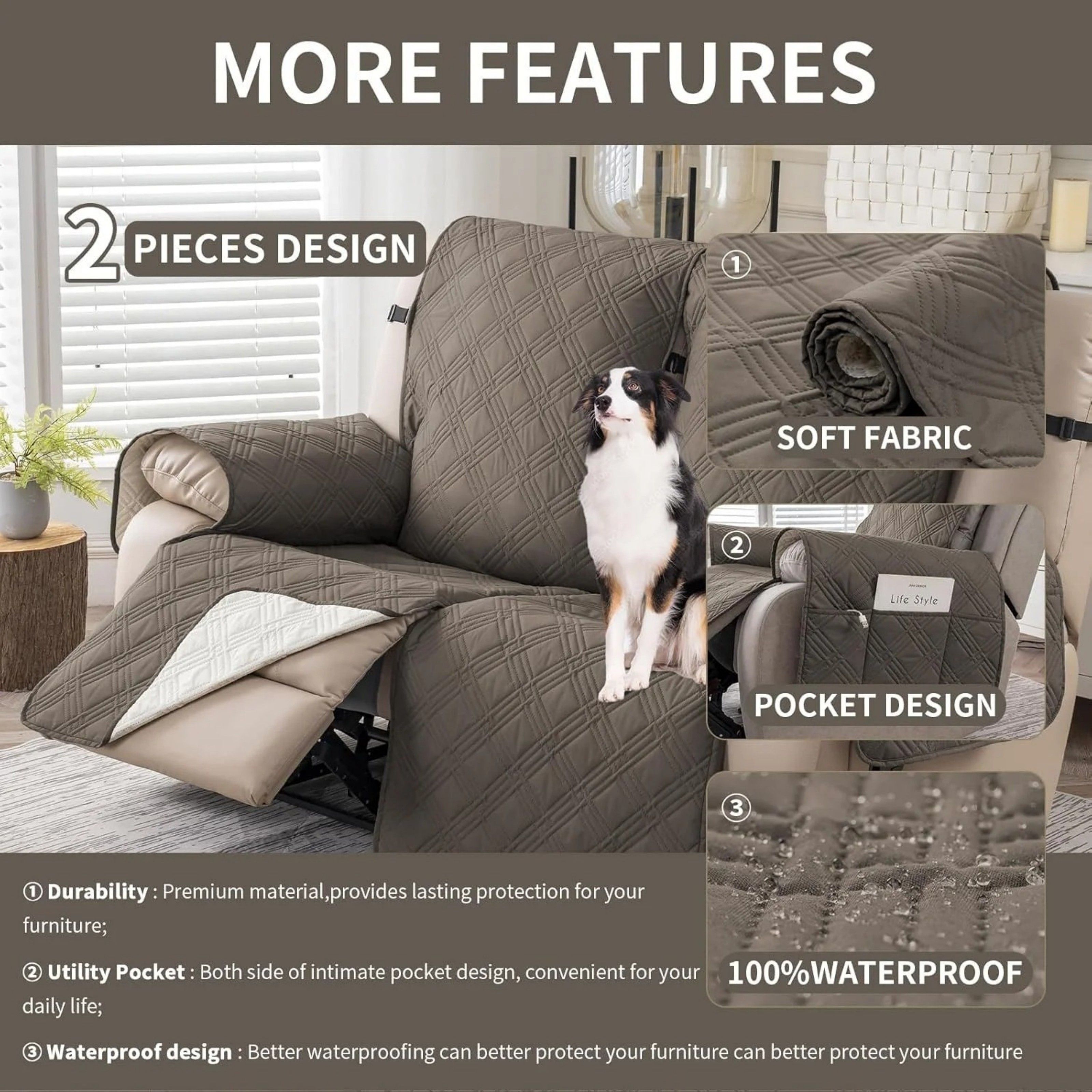 Lavish Cover 100% Waterproof Recliner Loveseat Cover, 2 Pieces Non-Slip Recliner Couch Slipcovers, Washable Furniture Protector with Pockets & Elastic Straps for Kids Pets, 2 Seaters, Gray Brown