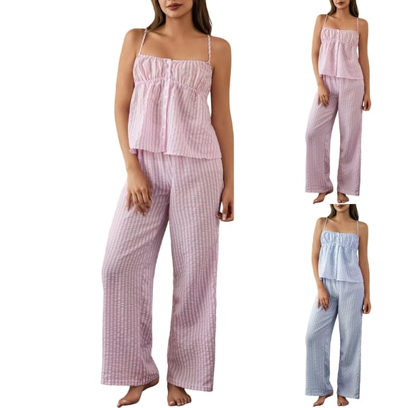 Women's Plaid Print Spaghetti Strap Top and Long Pants Pajama Set Casual Comfy Loungewear Two Piece Sky Blue