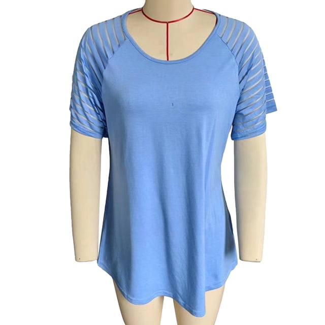 Blusa de manga corta con malla a rayas, blusa de manga corta con malla a rayas, camisa de cuello redondo con mangas de malla a rayas, blusa de manga corta, respuesta rápida