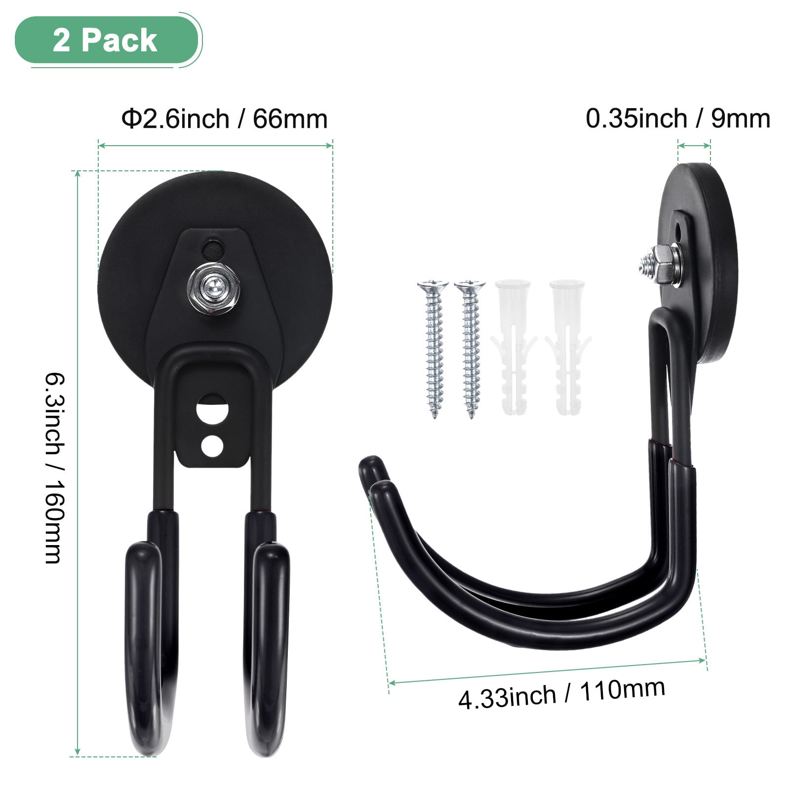 Uxcell 2-Pack Strong Garage Magnetic Hooks, Large Magnetic Cable Holder with Anti-Slip Coating [Black]
