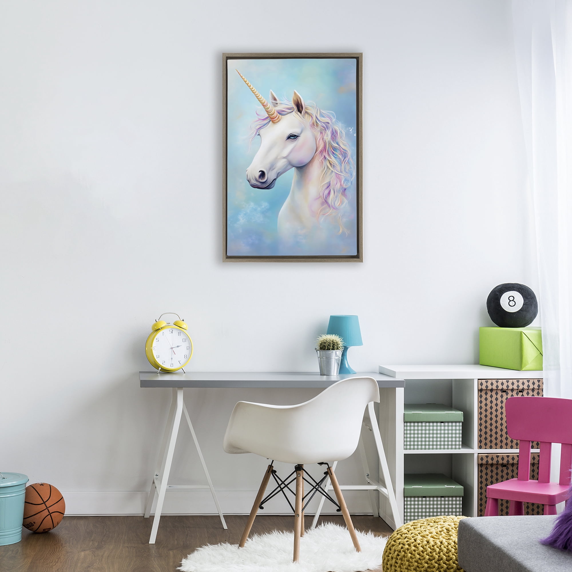 Stupell Industries White Unicorn on Blue Brown Framed Floater Canvas Wall Art, design by Creative Studio