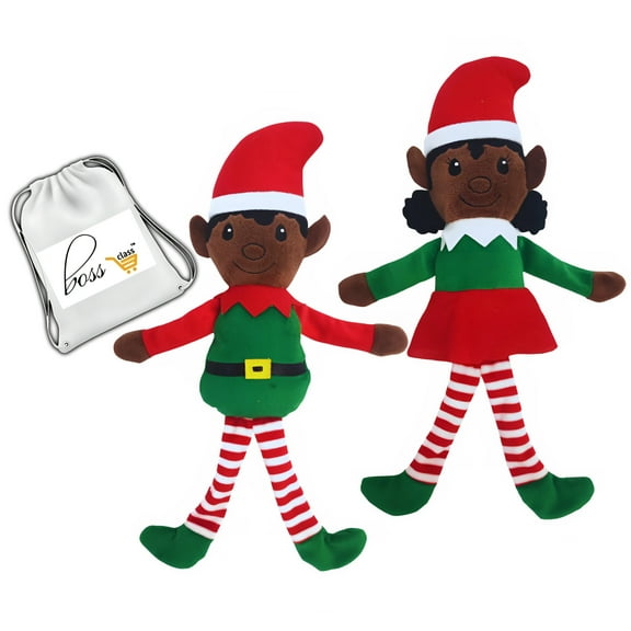 Christmas African American Plush Elf Dolls, 14.5in Soft Cuddly Black Elves for Festive Holiday DIY Decor Party Favors Xmas Tree Gifts Stocking Stuffer Winterland Setup Decoration Supply