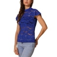 thumbnail image 4 of INSPIRAR CHIC Blusa de manga corta con cuello alto y abertura en la espalda para mujeres en el Día de San Valentín, semi transparente, XS, azul oscuro, 4 of 5