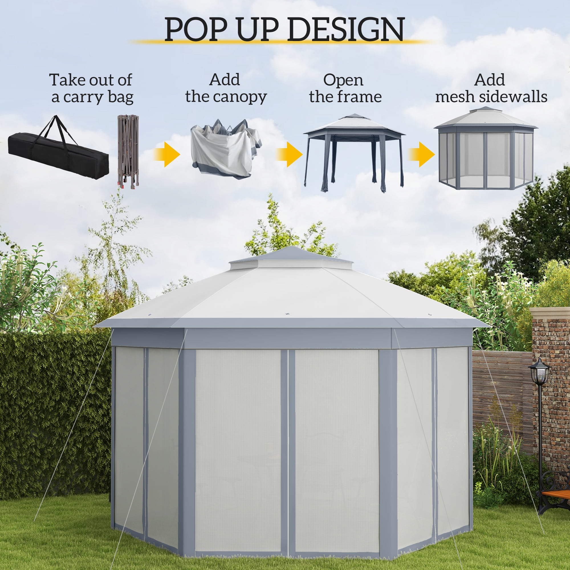 Outsunny 13' x 13' Pop Up Gazebo Hexagonal Canopy with 6 Zippered Mesh Netting, 2-Tier Roof Event Tent with Steel Frame for Patio Backyard, Gray