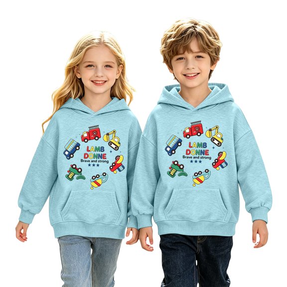 Coerni Girls Hoodie Cartoon Construction Truck Graphic Sweatshirt Funny Print Kids Trendy Hooded Pullover Spring Fall Casual Wear