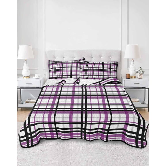Quilts King Size, Purple Black Plaid Soft Comforter Bedding Set for Bed, Farmhouse Purple Black Checkered Lightweight Quilted Bedspread with Pillow Cover(2 Pieces) for All Season, 96x106 Inch