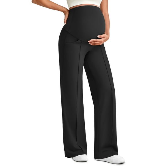 G4Free Maternity Dress Yoga Pants with Pockets Over The Belly Stretchy Work Slack Pregnancy Wide Leg Lounge Trousers