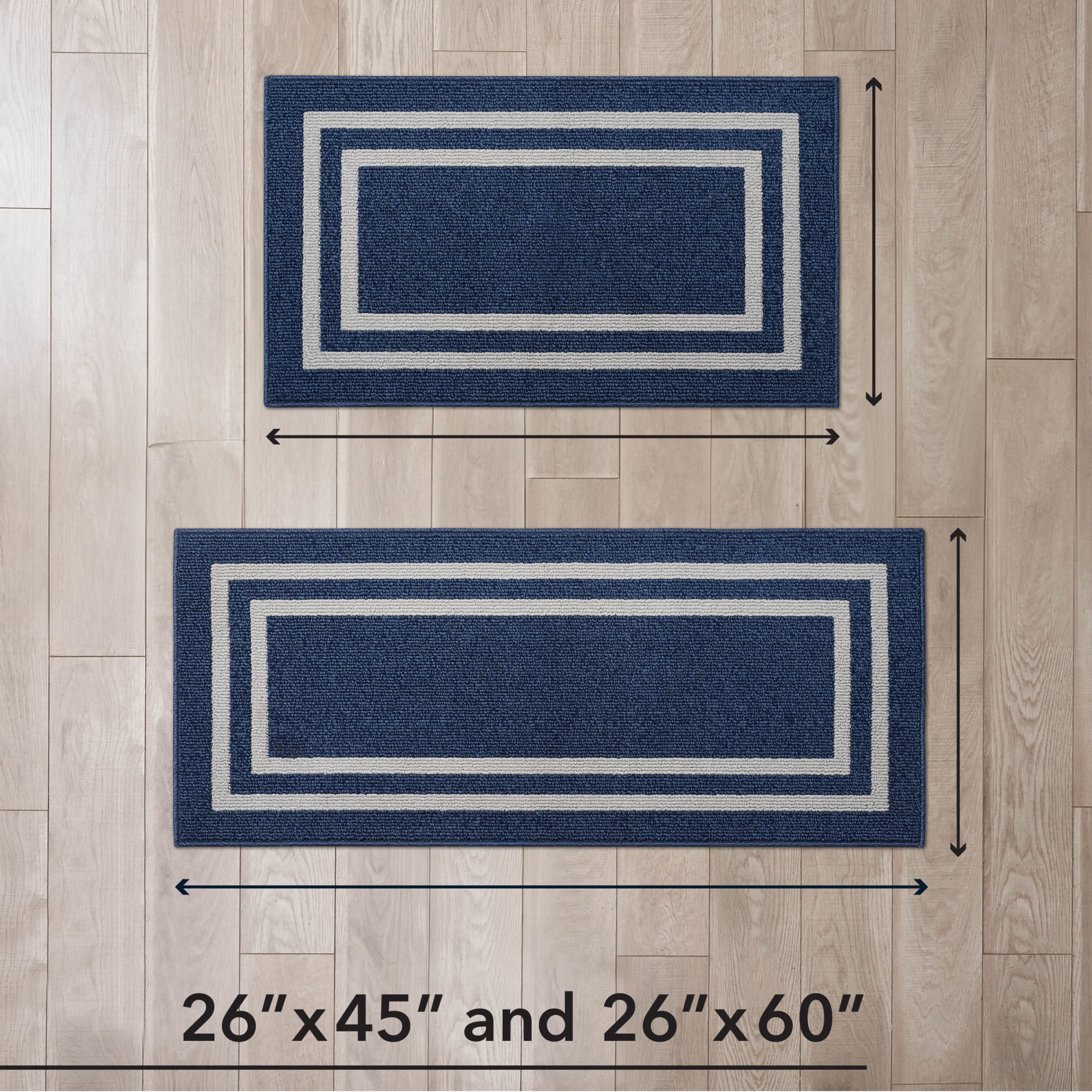 Washable Skid-Resistant Runner Rug, Border, Denim Twist and Light Grey, 26" x 45" and 26" x 60" 2-Piece Set