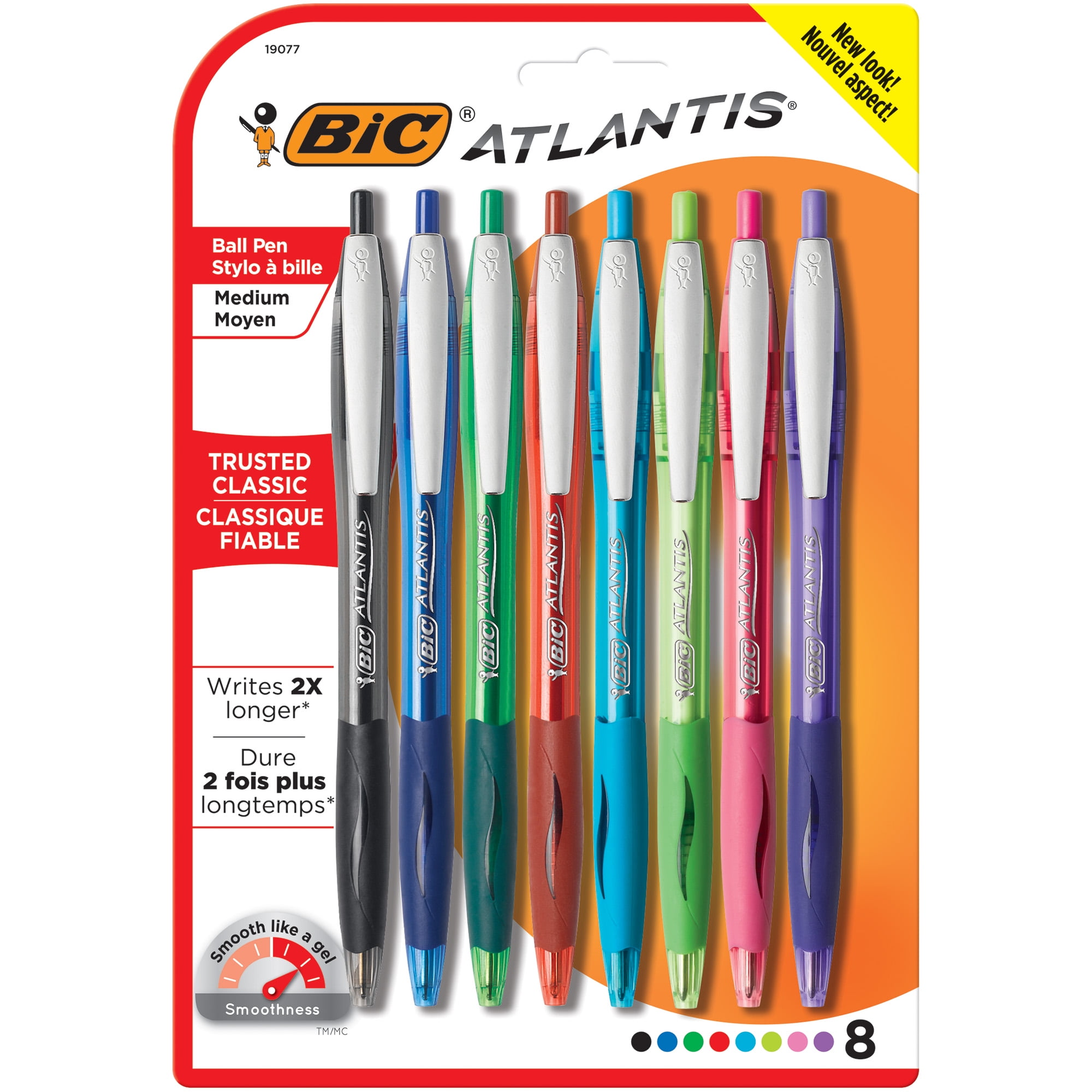 BiC Atlantis Retractable Push Button Ball Point Pen Assorted Colors 3pc Set 