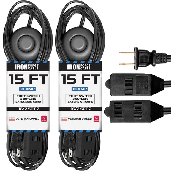 Iron Forge Cable 2 Pack 15 ft 3 Outlet Black Extension Cord with Foot Switch - 16/2 SJTW 2 Prong Indoor Extension Cord with Multiple Outlets