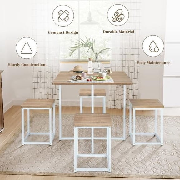 S AFSTAR Dining Table Set for 4, 5-Piece Dining Table and Chairs with Square Table & 4 Stools, Space-Save Kitchen Table and Chairs for 4, Kitchen & Dining Room Sets for Home Kitche