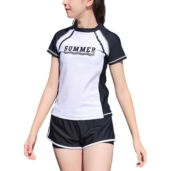 FINALGANG Girls 2 Piece Rash Guard Set Short Sleeve Crewneck Slim Fit Swim Top With Stretchy Shorts For Summer Beach Pool Water Sports Classic Swimwear