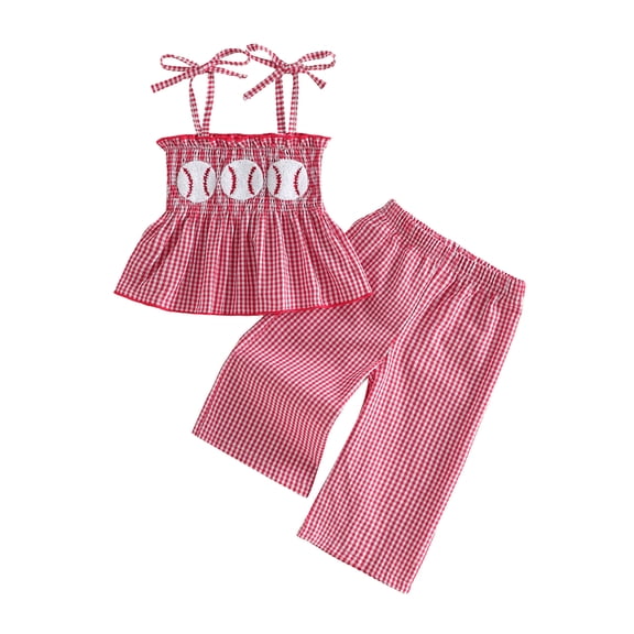 BemeyourBBs Toddler Baby Girl Baseball Outfit Plaid Gingham Embroidered Tie Shoulder Ruffled Smocked Tank Vest Tops and Wide Leg Pants Set Infant Baby Spring Summer Clothes