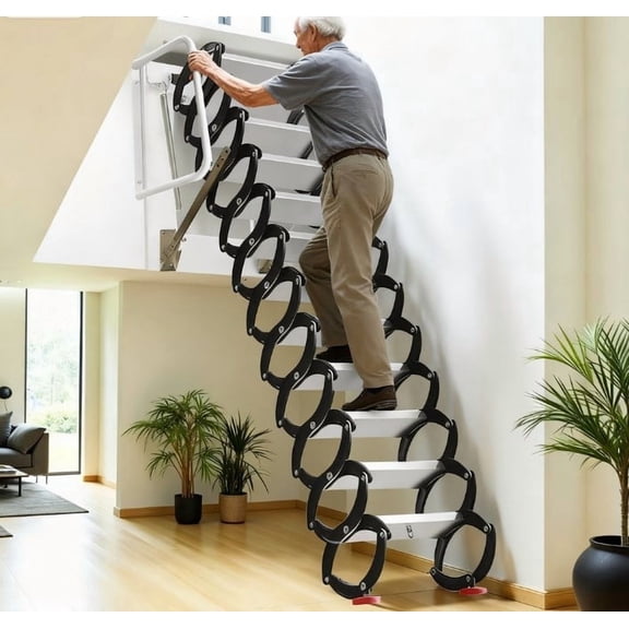 12 Steps Attic Stairs,1350lb Wall Mounted Folding Loft Ladder,Retractable Collapsible Stairs,Extension Steps Ladder with Armrests,Telescoping with Pulldown System