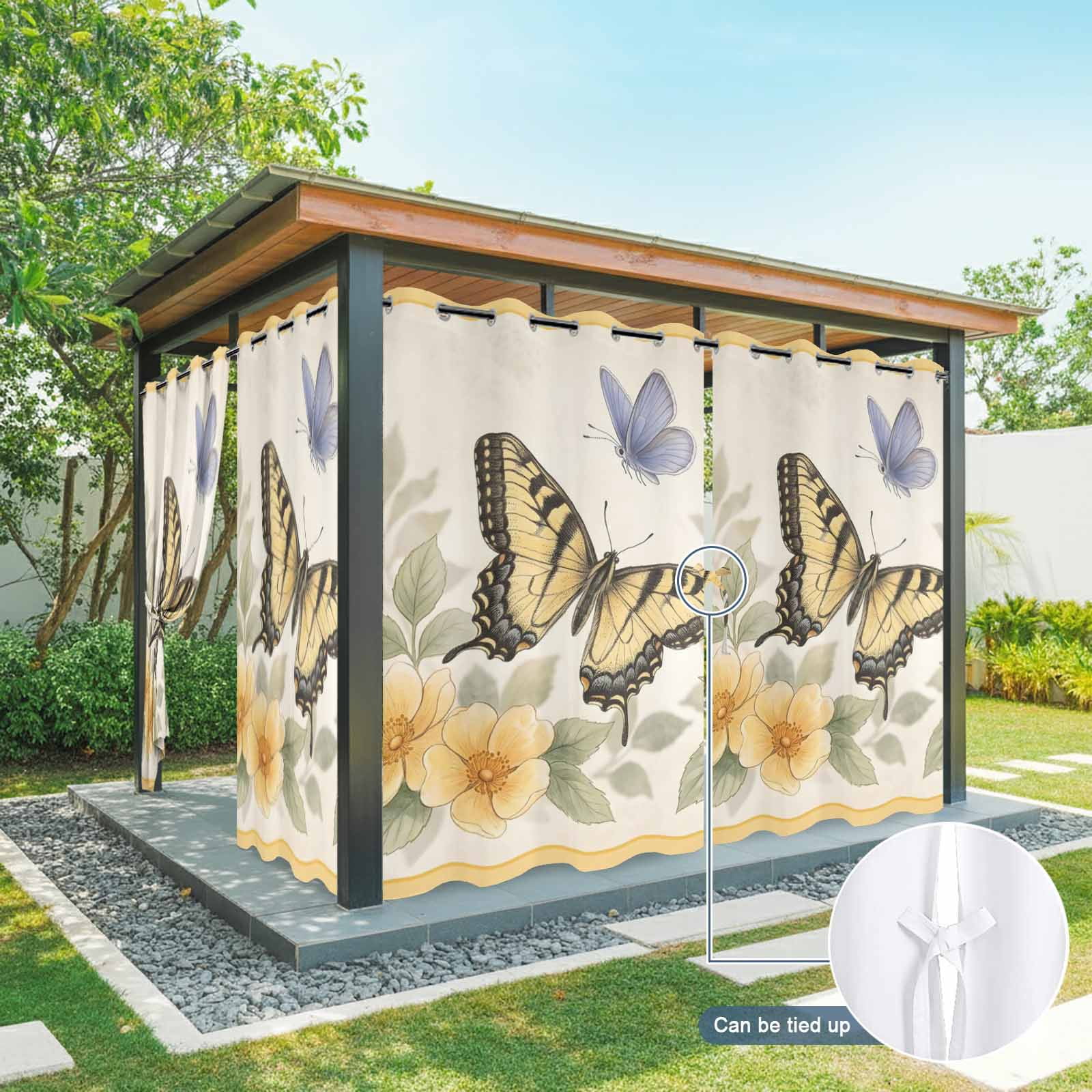 Yellow Flower Outdoor Curtains for Patio, Blue Butterfly Watercolor Green Leaf Spring Sunshade Privacy Drapes Grommet Waterproof Outside Curtains for Porch/Cabana/Balcony 54"x 108", 1 Panel