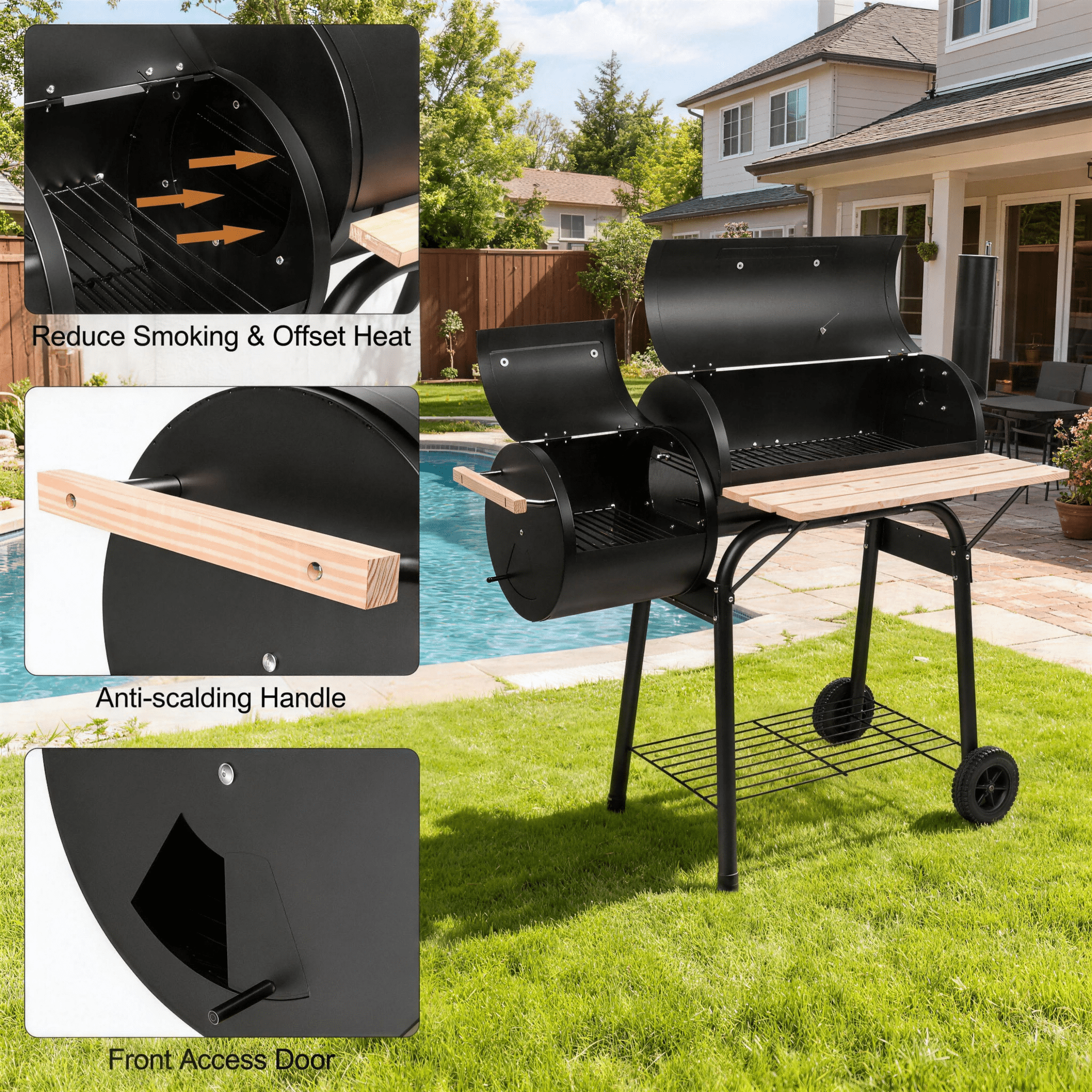 LODZPK Portable Charcoal BBQ Grill, Thermometer & Large Space for Camping Picnic Black
