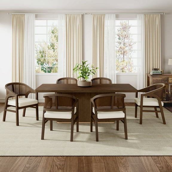 Christopher Knight Home 7-Piece Dining Set, 84" Walnut Rectangular Table with Rattan Back Beige Upholstered Chairs