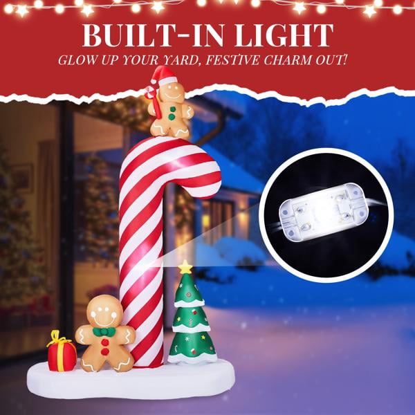 Christmas Inflatable Decoration with 6 LED Lights, Giant Candy Cane & 2 Adorable Gingerbread Men Blow Up Decor for Yard, Garden, Indoor Holiday Display