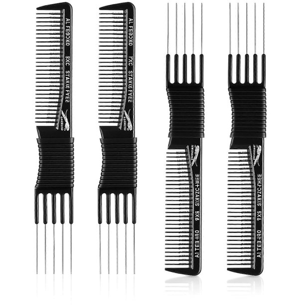 4 Pcs Teasing Comb and Hair Pick Set with Metal Prongs, Carbon Volume Boost Design, Black