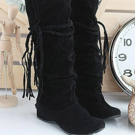 

Halloween Gift Juebong Women s Winter Frosted Tassel Boots With High Tube Round Head And Low Heel