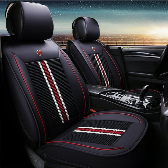 Maidao Car Seat Covers Five Seats Full Set PU Leather High Back Front and Rear Split Bench Car Seat Cover Waterproof Black and Red
