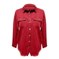 thumbnail image 5 of Domuza Denim Jacket Women Oversized Casual Long Sleeves Distressed Jean Jacket Coats Fall Stylish Button Up Frayed Hem Shacket Denim Boyfriend Shirt Red M, 5 of 5