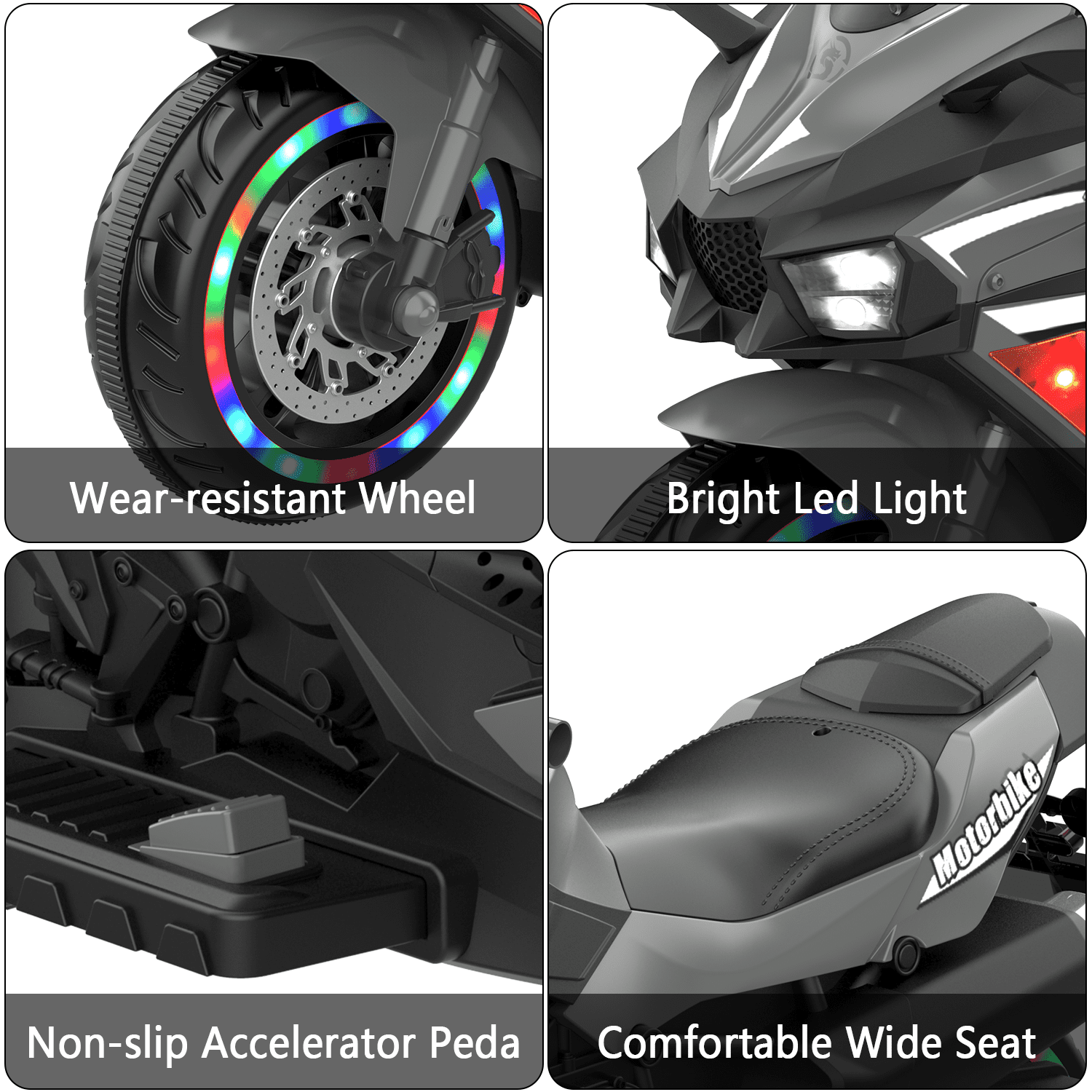 Werseon 12V Motorcycle Ride on Toy for Kids Ages 3+, Rechargeable Motorcycle with LED Light & Training Wheels, up to 90lbs, Gray