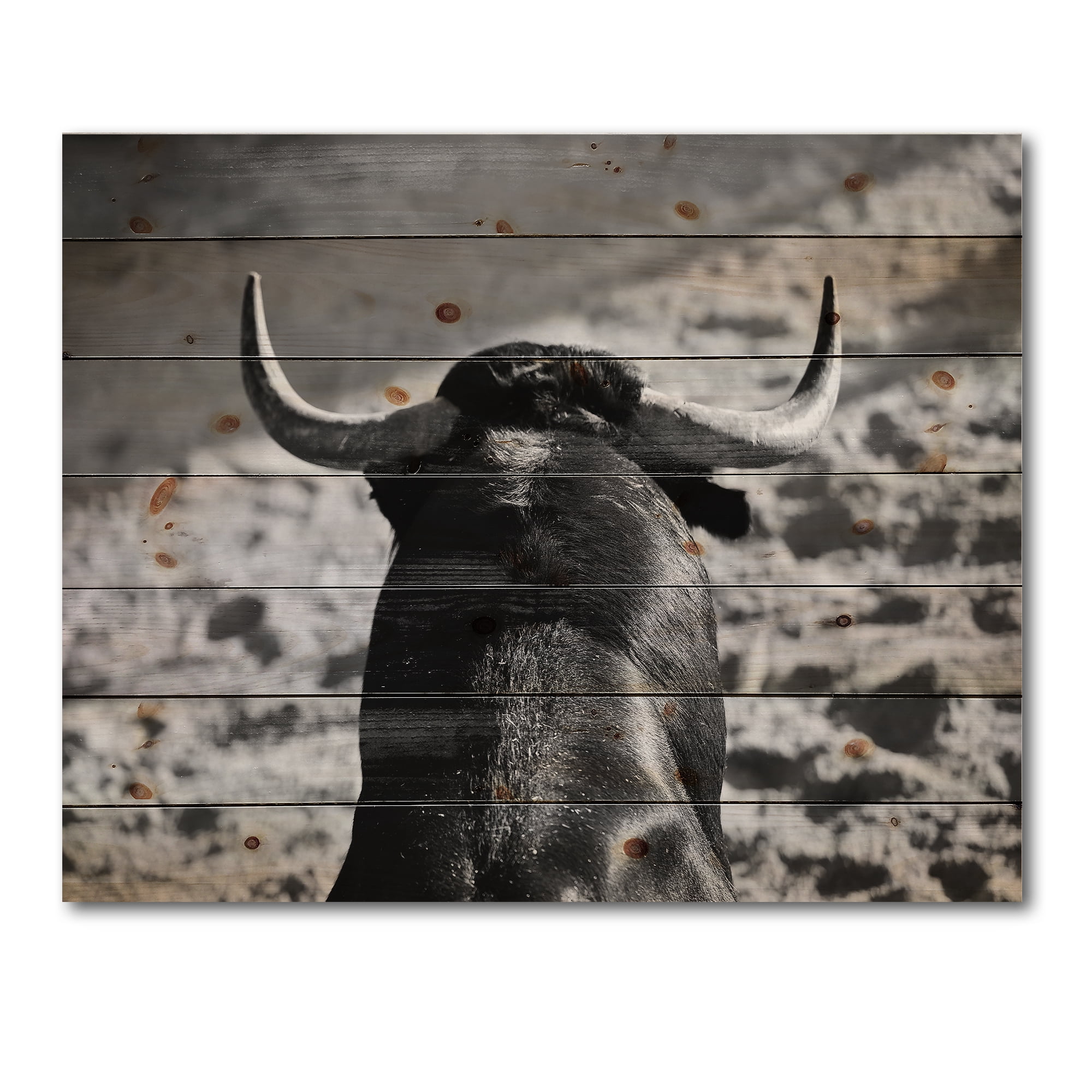 Designart 'Black and White Portrait Of A Spanish Bull II' Farmhouse Print on Natural Pine Wood