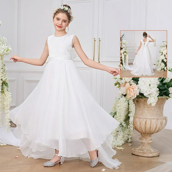 Kids Formal Dresses for Girls White Dress Tulle Dress for Girls Fancy Girls Dresses Girls Children's Day Dress 7-8 Years