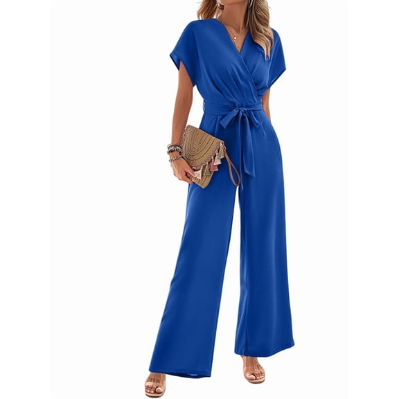 Women'S Summer Outfits V Neck Cap Sleeve Crop Top Wide Leg Pant Sets Royal Blue S