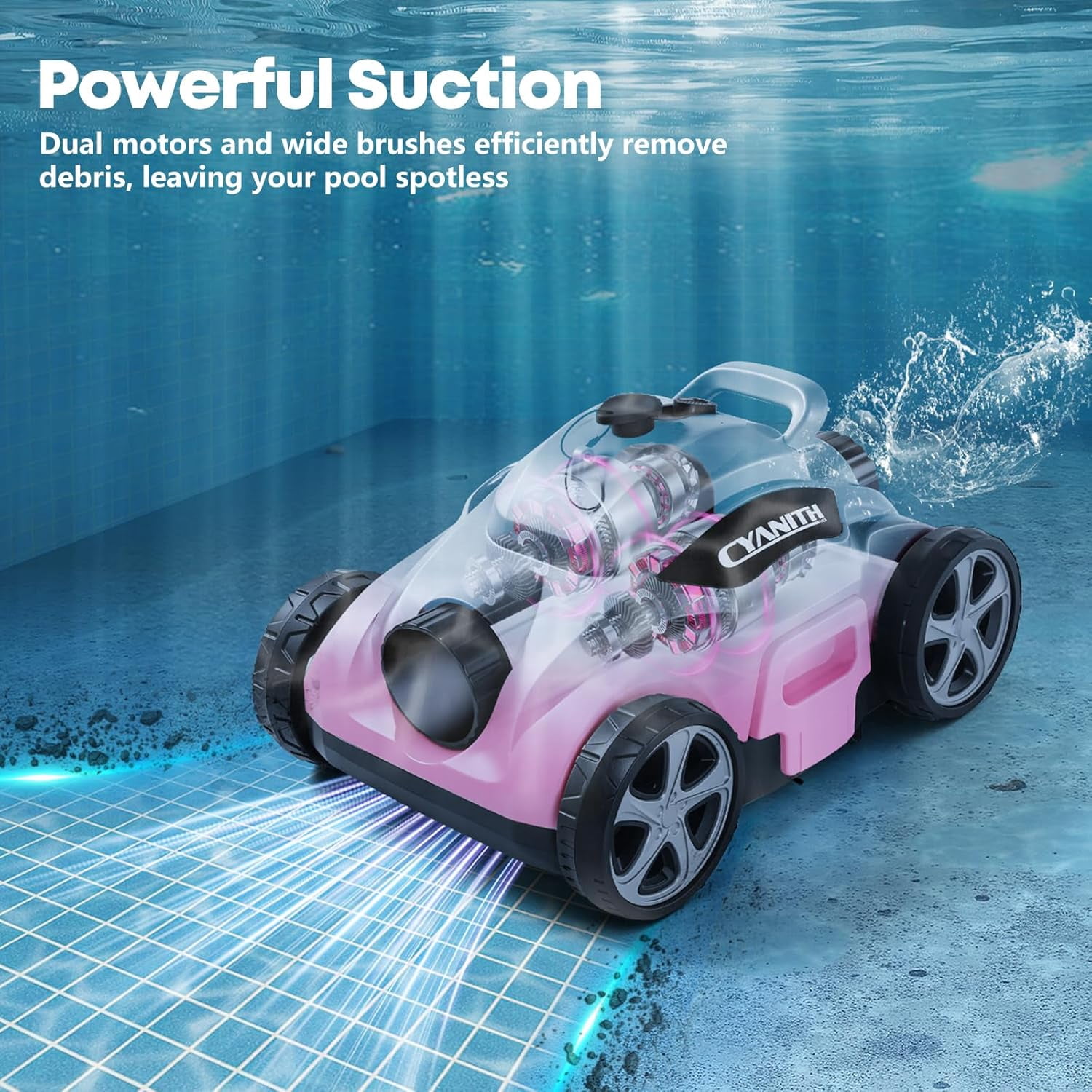Cyanith MF-PC01 Cordless Robotic Pool Cleaner, 110-Min Runtime, Self-Parking, Adjustable Nozzles, for Above-Ground and Flat-Bottom Inground Pools up to 1026 Sq Ft,pink