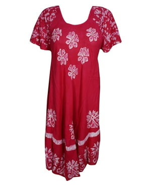 Mogul Womens Flare Dress Caftan Floral Batik Embroidered Rayon Loose Dresses L