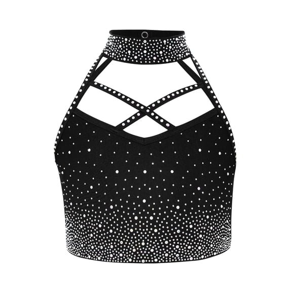 TiaoBug Kids Girls Dance Crop Top Sleeveless Cutout Shiny Rhinestone Gymnastics Sports Athletic Tank Top Black 6