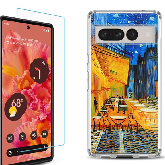 Shockproof Bumper Phone Case for Google Pixel 7, with Tempered Glass Screen Protector, by OneToughShield ® - Cafe Terrace