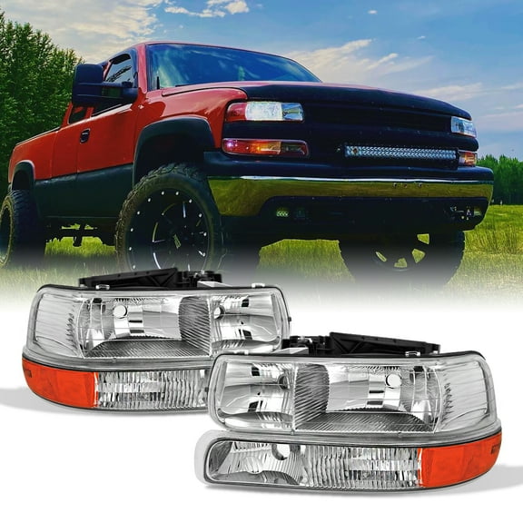 AKKON - For 00-06 Chevy Suburban | 99-02 Silverado | Tahoe Clear Headlights With Corner Bumper Lights Replacement Pair Set
