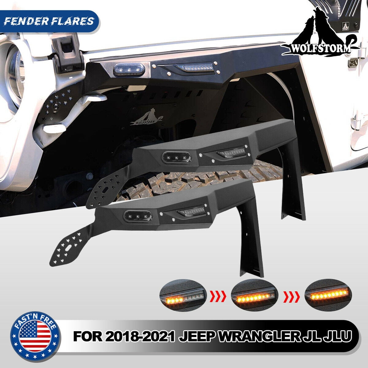 WOLFSTORM Front Fender Flares Fit for 2018-2021 Jeep Wrangler JL 4 Doors/2 Door,LED DRL Lights and Sequential LED Turn Lights,Jeep Wrangler JL/JLU Fender Flares Replacement Exterior Accessories